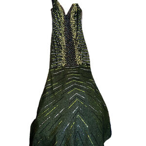 MNM Couture Prom Dress, Green Sequin , SZ 8, PTP 16”, L 65”ish Front, 70” Rear